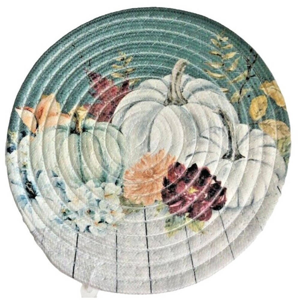 Thanksgiving Trivet Hot Pad Braided 9" Rd Chenille Teal Pumpkins Heat Resistant